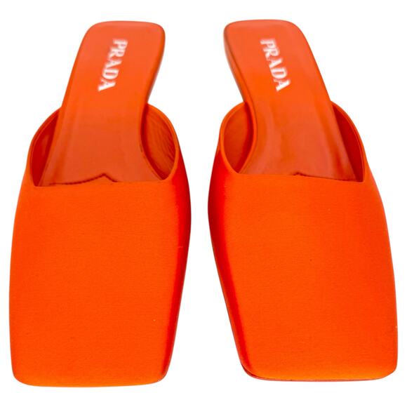 PRADA Modellerie Satin Mule EU 38 US 8 Bright Orange Square Toe Slip On Low Heel - Picture 3 of 11
